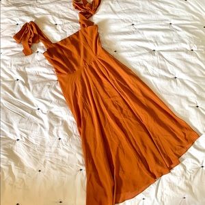 Burnt orange flowy midi dress with tie straps